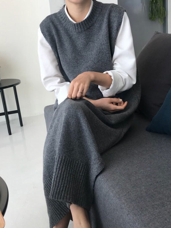 Urban Loose Sleeveless Color Round-neck Midi Dresses Sweater Dresses