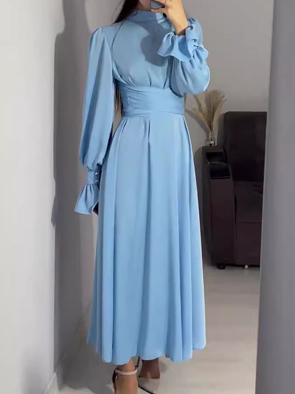 A-line Long Sleeves Pleated Color Tied Waist Zipper Mock Neck Maxi Dresses
