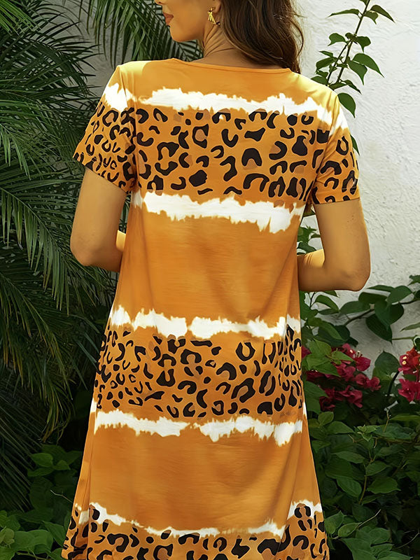 Loose Short Sleeves Leopard Round-neck Midi Dresses