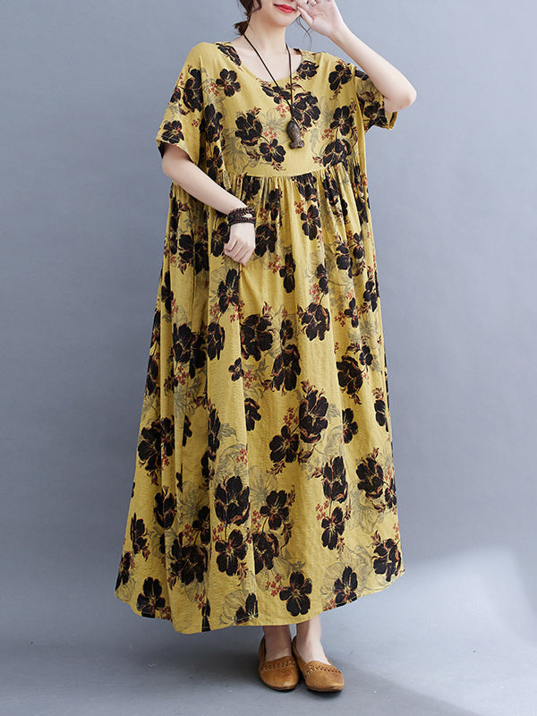 Loose Short Sleeves Pleated Printed Split-joint Round-neck Midi Dresses