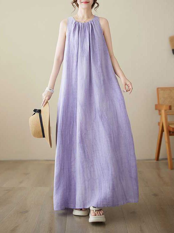 A-line Loose Pleated Color Round-neck Midi Dresses