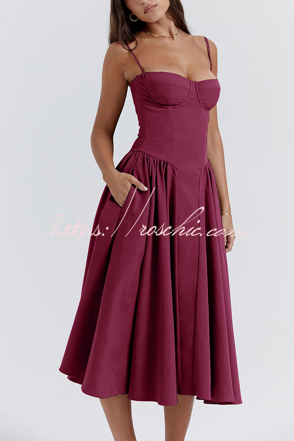 Color Slim Fit Suspender Pocket Midi Dress
