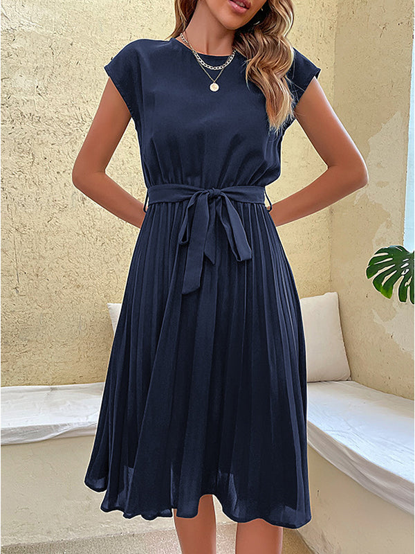A-line Loose Pleated Color Tied Waist Round-neck Midi Dresses