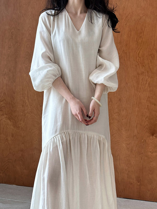 High Waisted Long Sleeves Elasticity Pleated Color Split-joint Zipper V-neck Midi Dresses