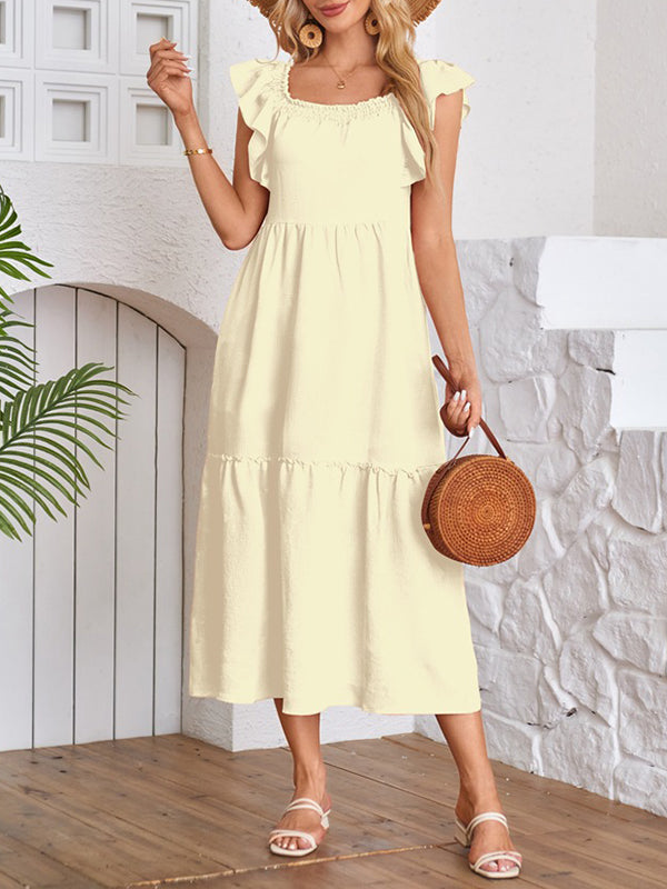 A-line Loose Elasticity Pleated Ruffled Color Split-joint Off-the-shoulder Midi Dresses