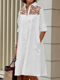Long Sleeves Loose Gauze See-through Color Split-joint Lapel Midi Dresses Shirt Dress