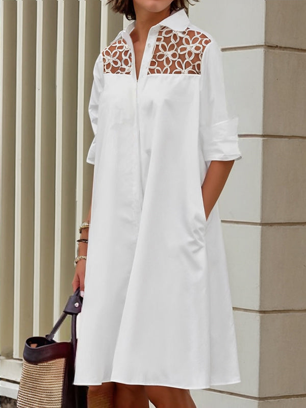 Long Sleeves Loose Gauze See-through Color Split-joint Lapel Midi Dresses Shirt Dress