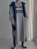 Original Loose Long Sleeves Letter Print Split-side Split-joint Round-neck Midi Dresses