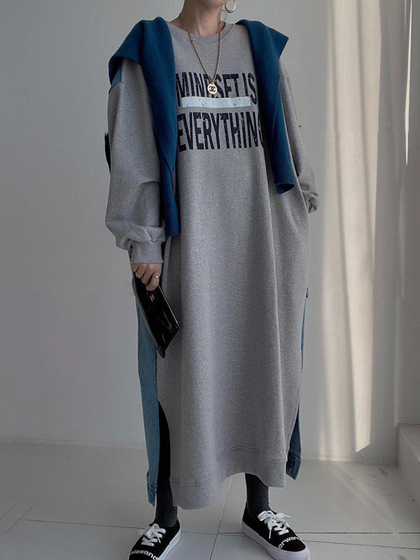 Original Loose Long Sleeves Letter Print Split-side Split-joint Round-neck Midi Dresses