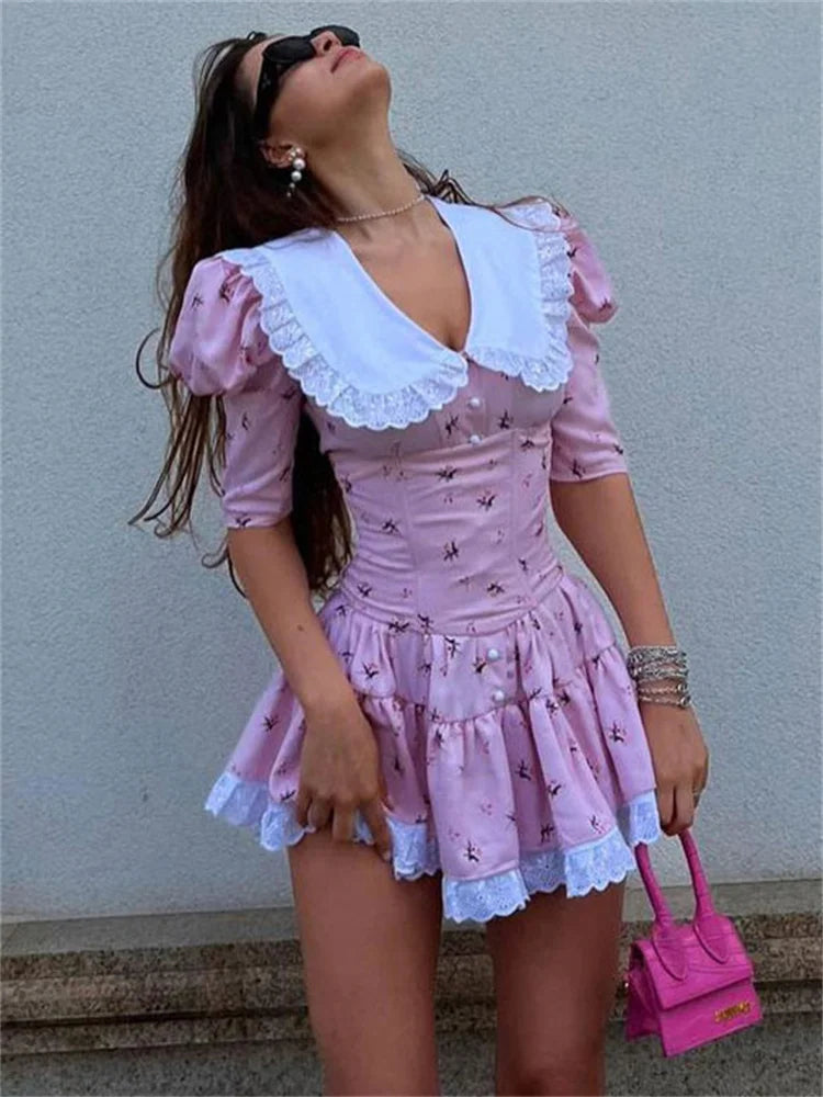 Summer Printed Patchwork Mini Dress Female V-neck Short Sleeve Slim Party Dress Gown for Dress