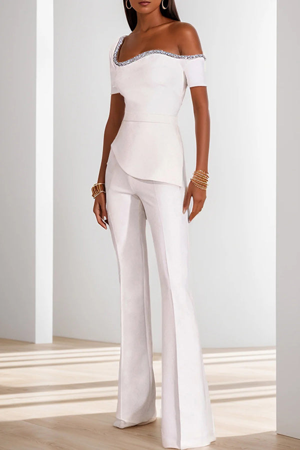 Color Irregular One-shoulder Waist Slim Wide-leg Jumpsuit