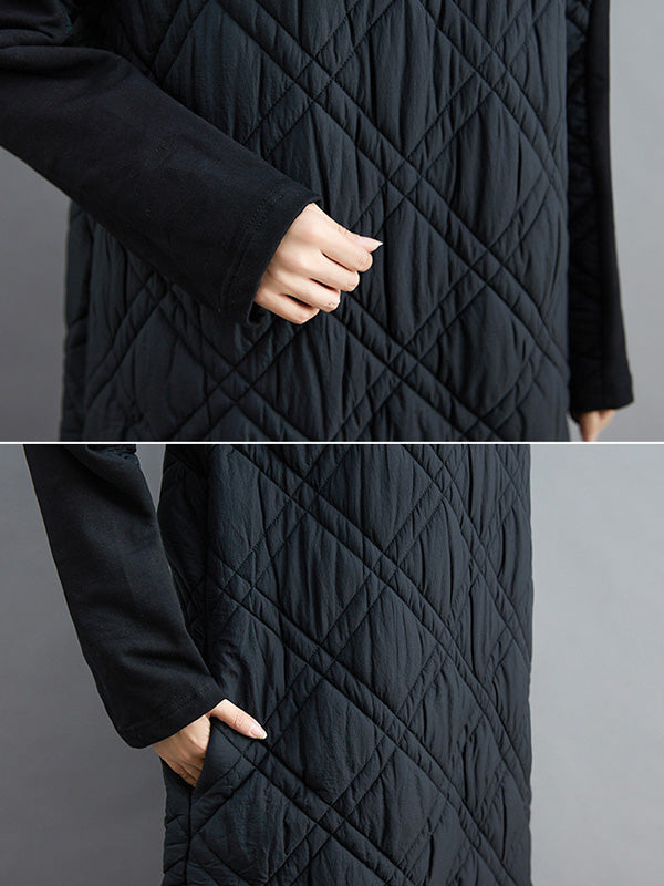 Simple Split-joint High-neck H-line Quilted Midi Dress
