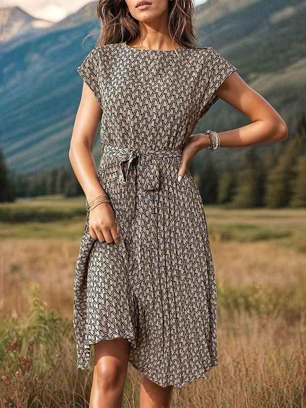Loose Raglan Sleeve Printed Tied Waist Round-neck Midi Dresses