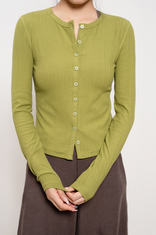 Lightweight Long-sleeve Ribbed Slim-fit Single-row Button Knit Cardigan