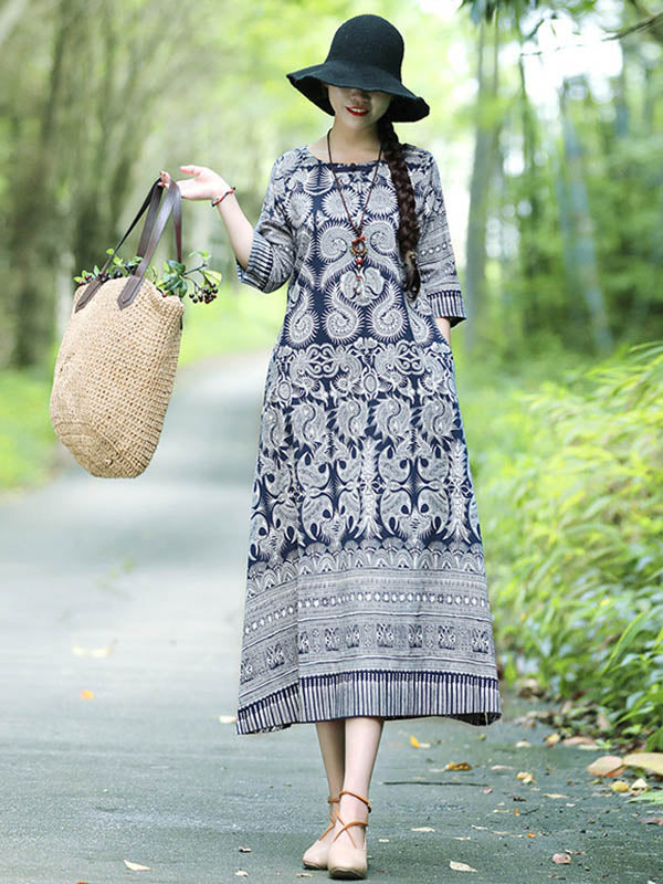 Cotton Blend Printing Midi Dresses