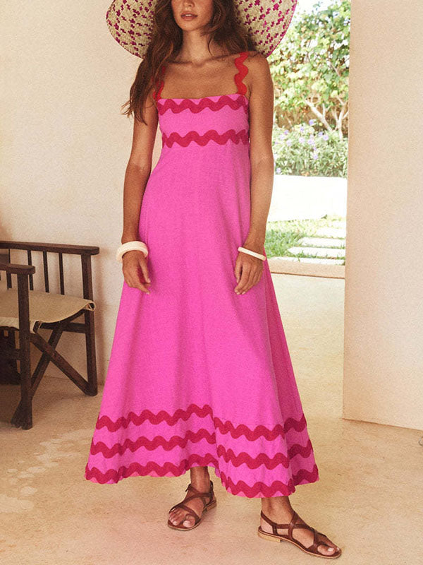 A-line High Waisted Contrast Color Zipper Square-neck Midi Dresses