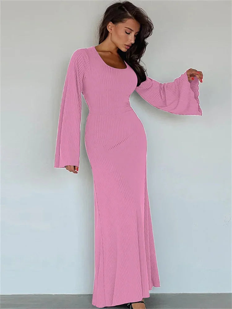 Scoop Neck Lace-up Ribbed Maxi Dress Female Long Sleeve Slim Loose Bandage Dress Autumn Dress New