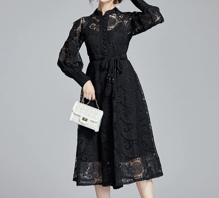 Apricot Cashew Flower Lace Embroidery Single Breasted Lantern Sleeve Midi Dress