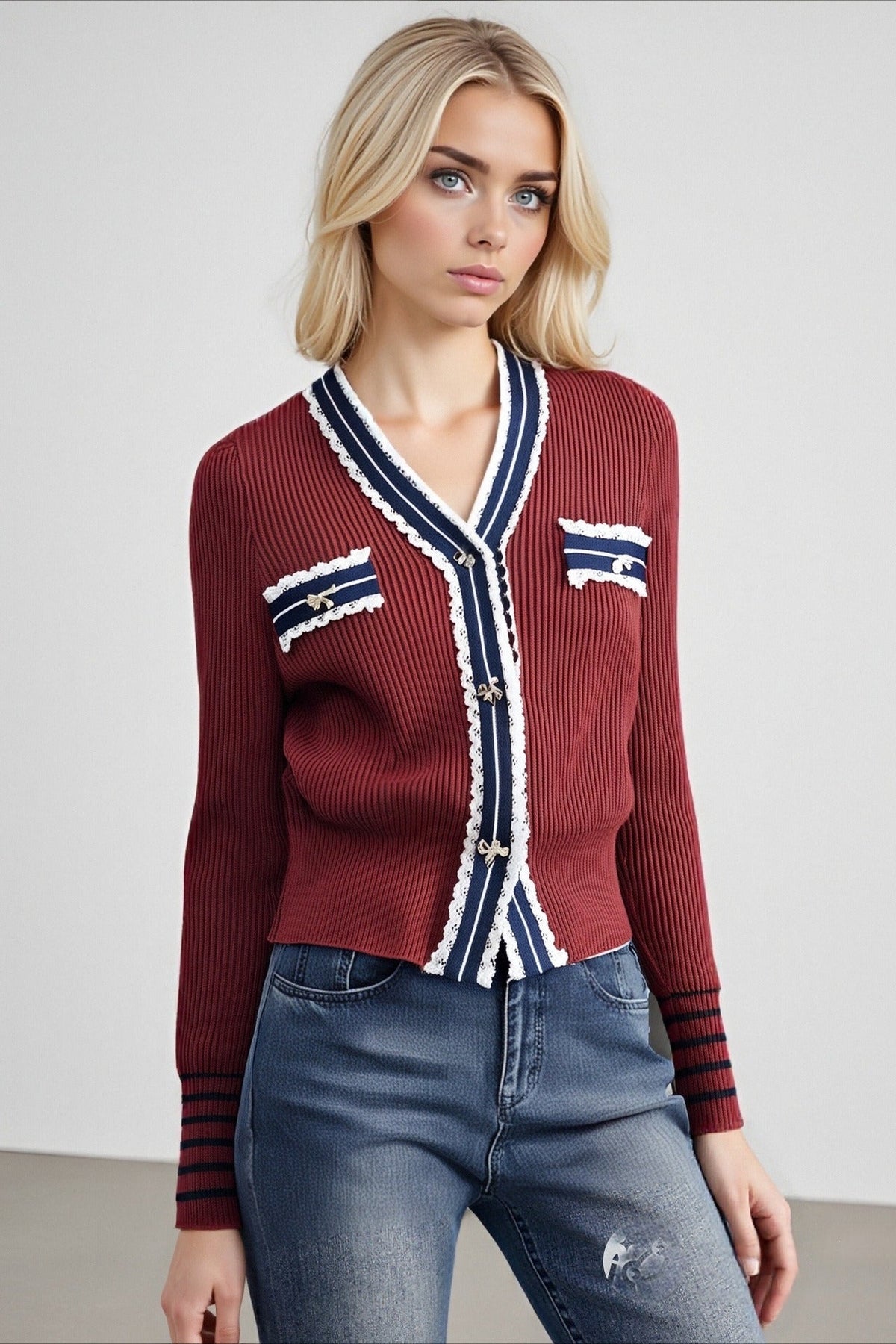 Colorblock Lace Trim V Neck Knit Cardigan