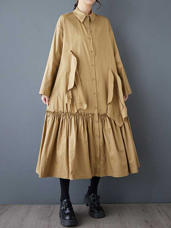 A-line Long Sleeves Buttoned Pleated Pockets Color Split-joint Lapel Midi Dresses