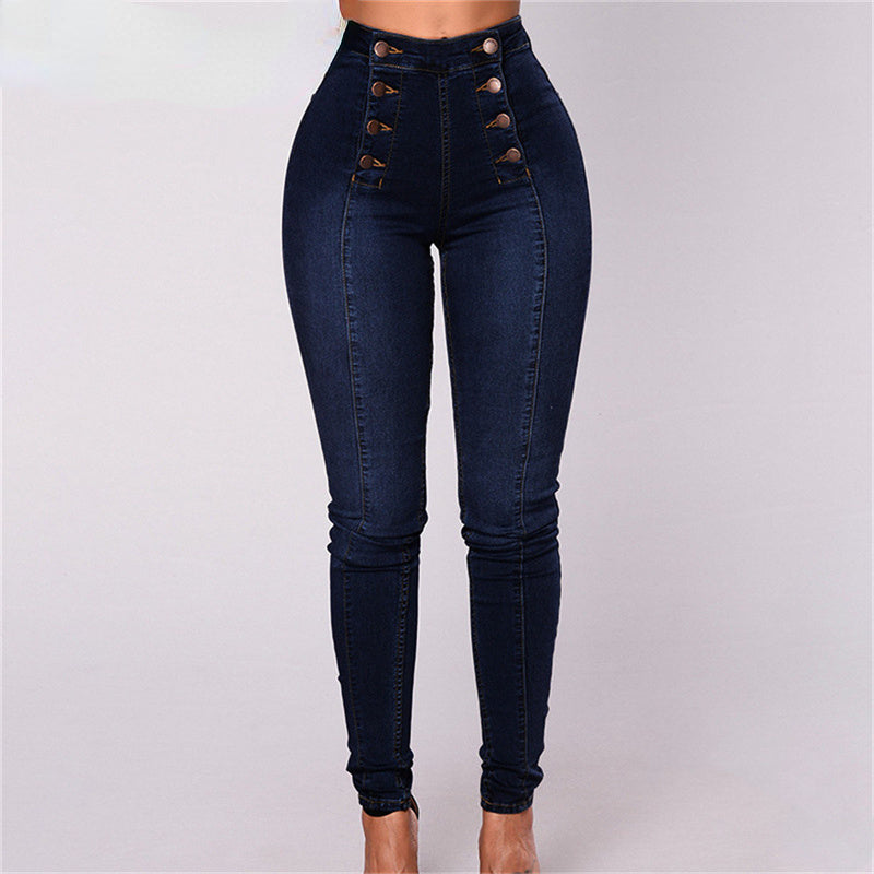 Skinny Double-breasted High Waist Pencil Jeans Slim Fit Stretch Denim Pants Full Length Denim Tight