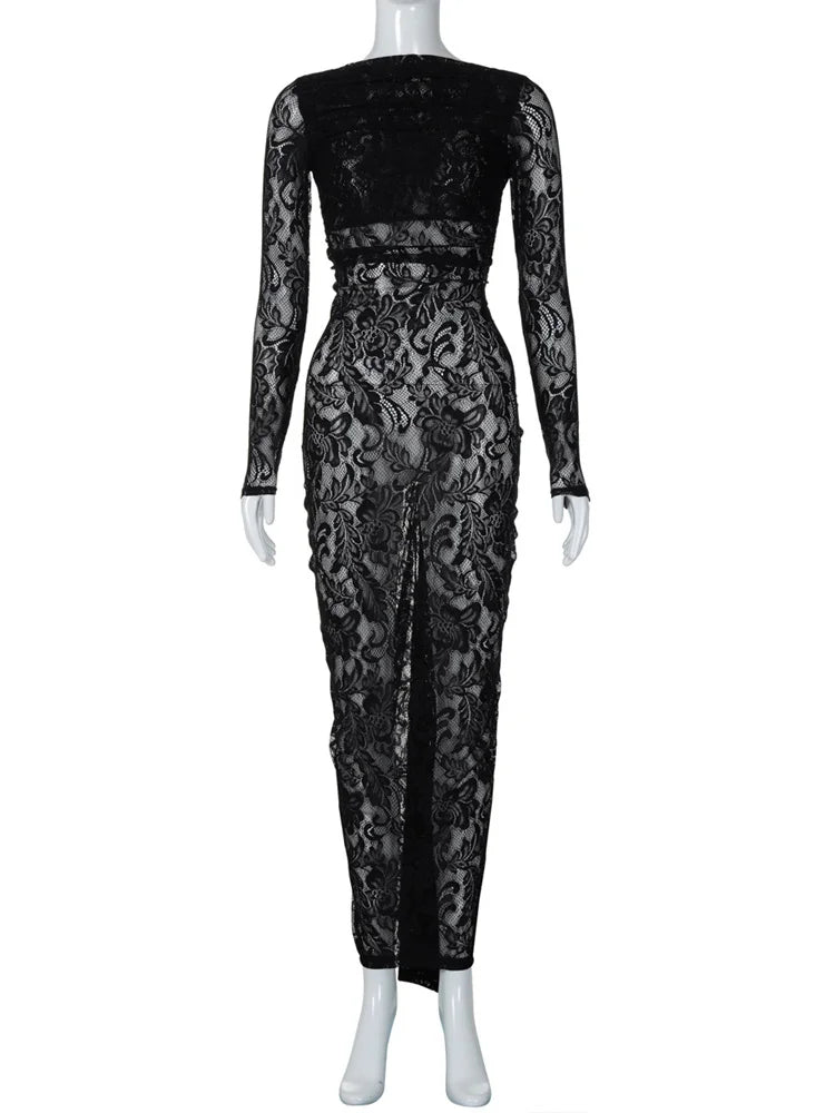 White Lace Backless Long Dress for See-through High Waist Printed Slim Hollow Out Dress ’s Party Dress