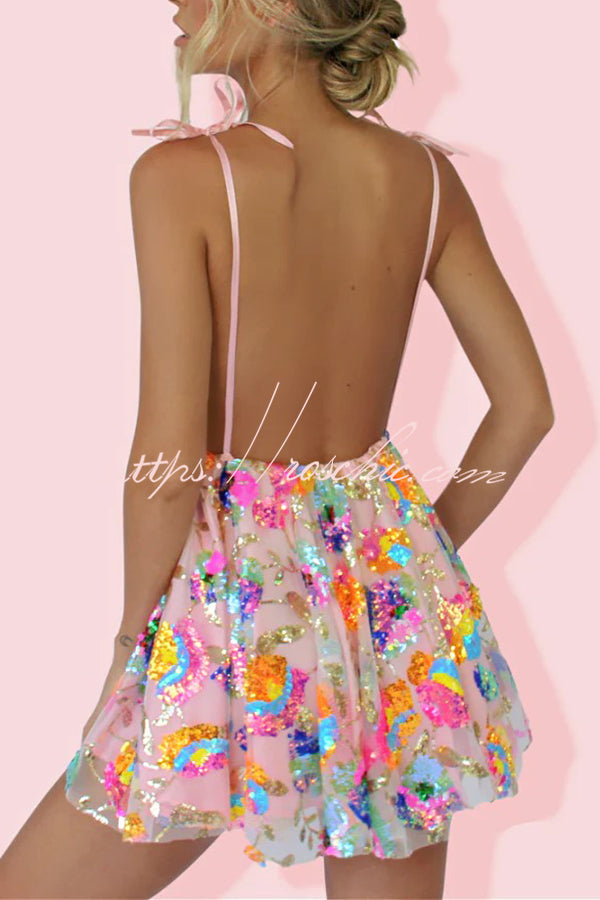 V Neck Open Back Sequined Tie a Line Mini Dress