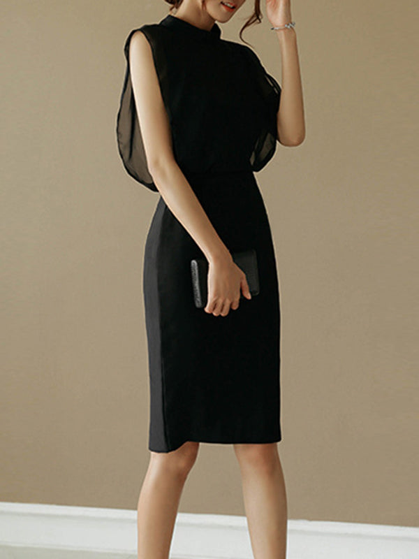 Loose Sleeveless Gauze Hollow See-through Split-joint Zipper Stand Collar Evening Dresses Midi Dresses