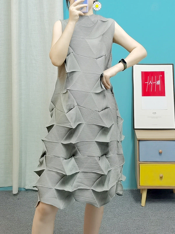 Sleeveless Irregularity Pleated Color Stand Collar Midi Dresses