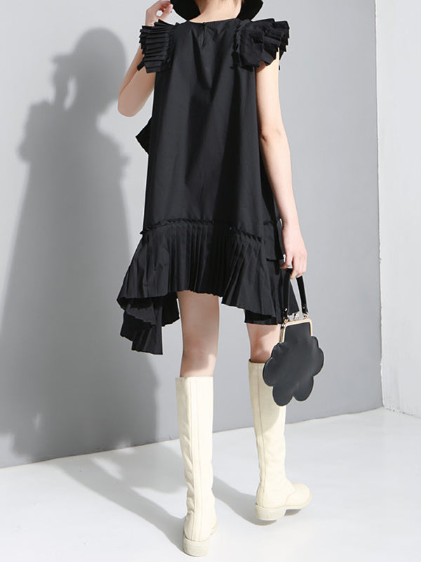 Flying Sleeves Loose Asymmetric Pleated Color Split-joint Round-neck Midi Dresses