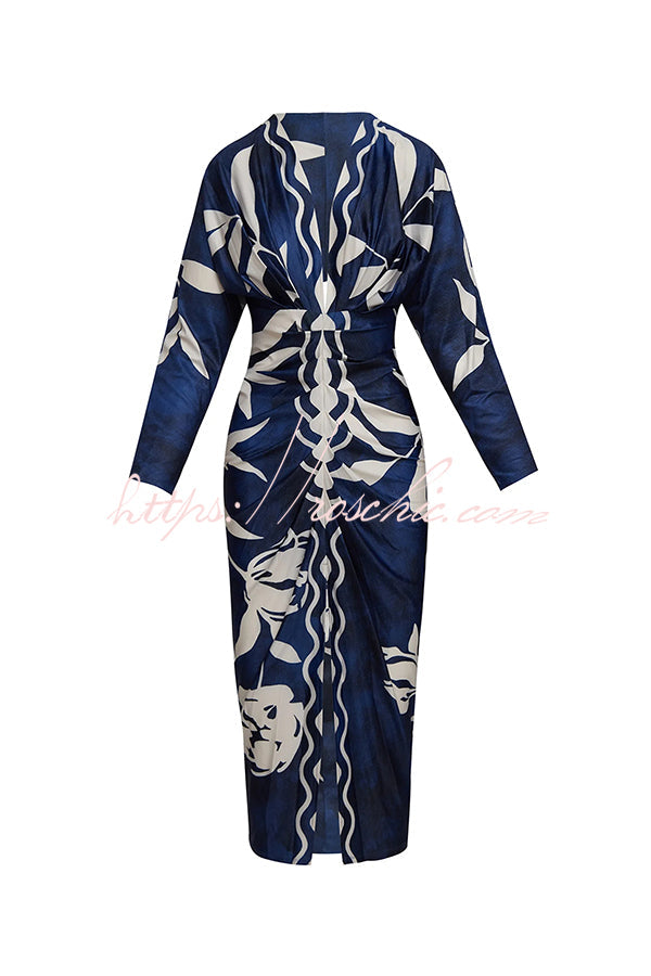 Caliana Unique Print Dolman Long Sleeve Ruched Slit Midi Dress