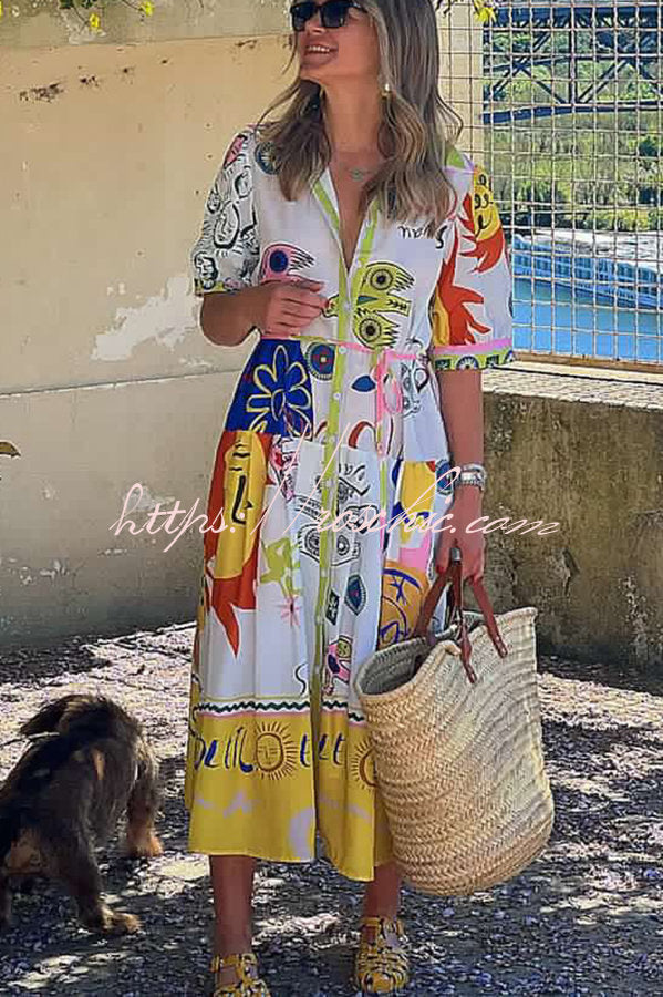 Chasing the Sun Unique Print Pocketed Shirt Midi Dress