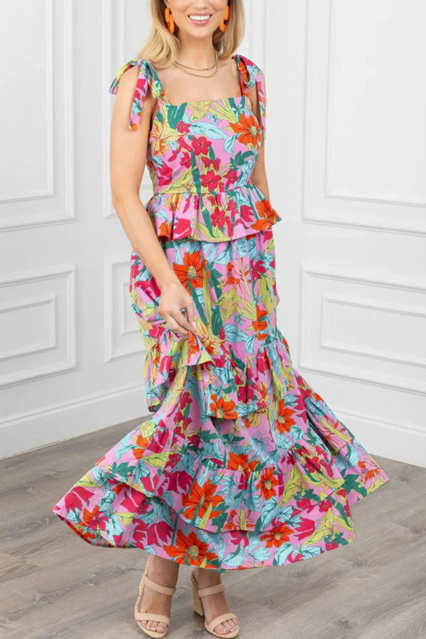 Multicolour Print Knot Strap Ruffle Layered Maxi Dress