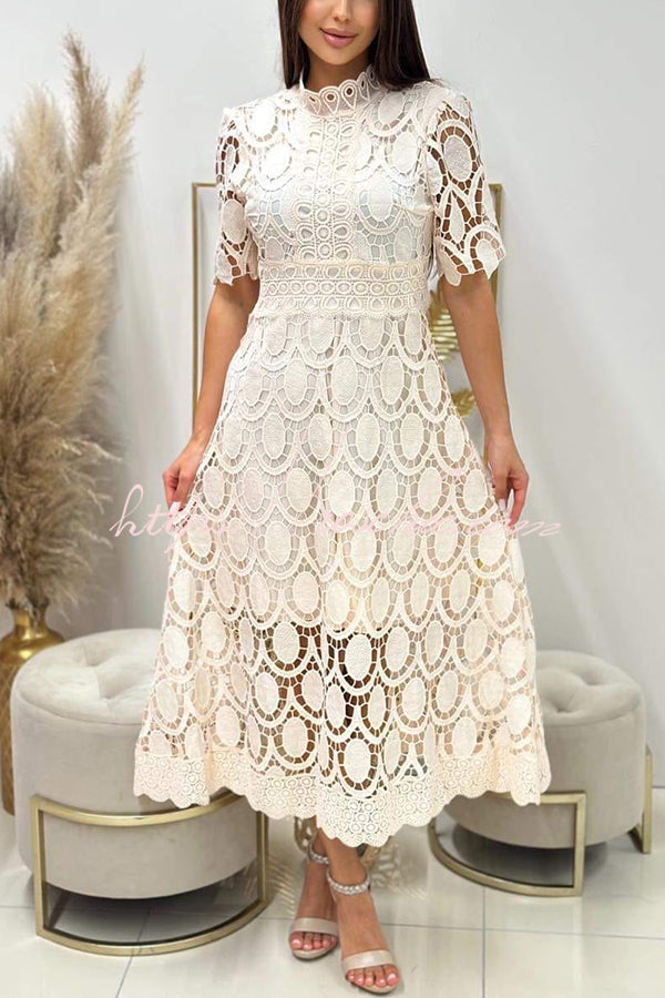 Crocheted Cutout Lace Short-sleeved Stand-collar Midi Dress