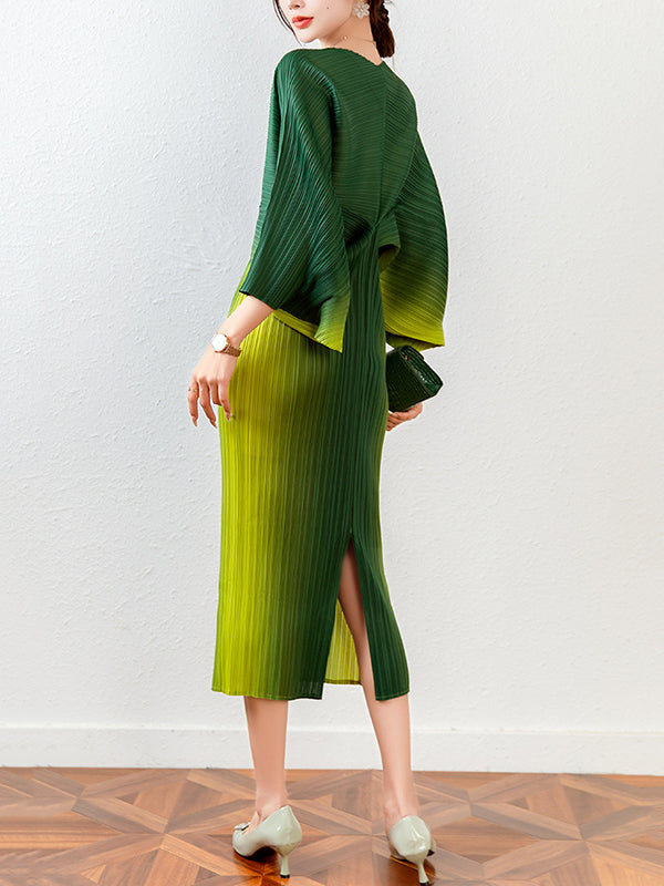 Loose Batwing Sleeves Gradient Pleated Midi Dress