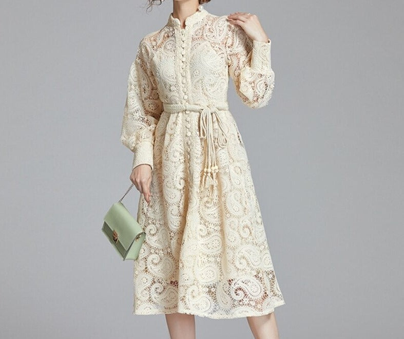 Apricot Cashew Flower Lace Embroidery Single Breasted Lantern Sleeve Midi Dress