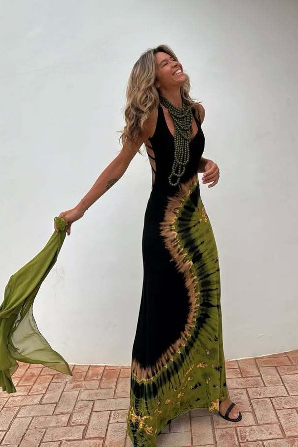 Print Backless Tie Slim Fit Maxi Dress