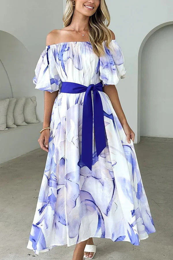 Print Puff Sleeve Tie-waist Midi Dress