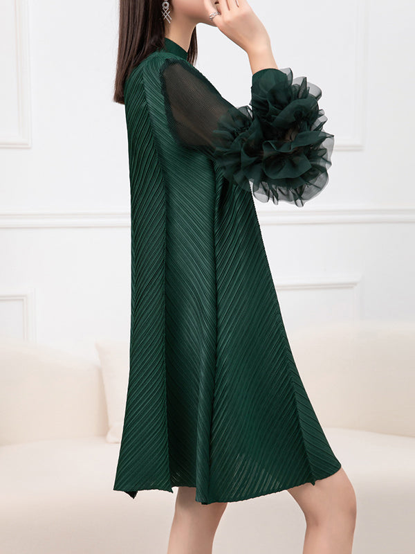 Long Sleeves Loose Embroidered Pleated Color Round-neck Midi Dresses