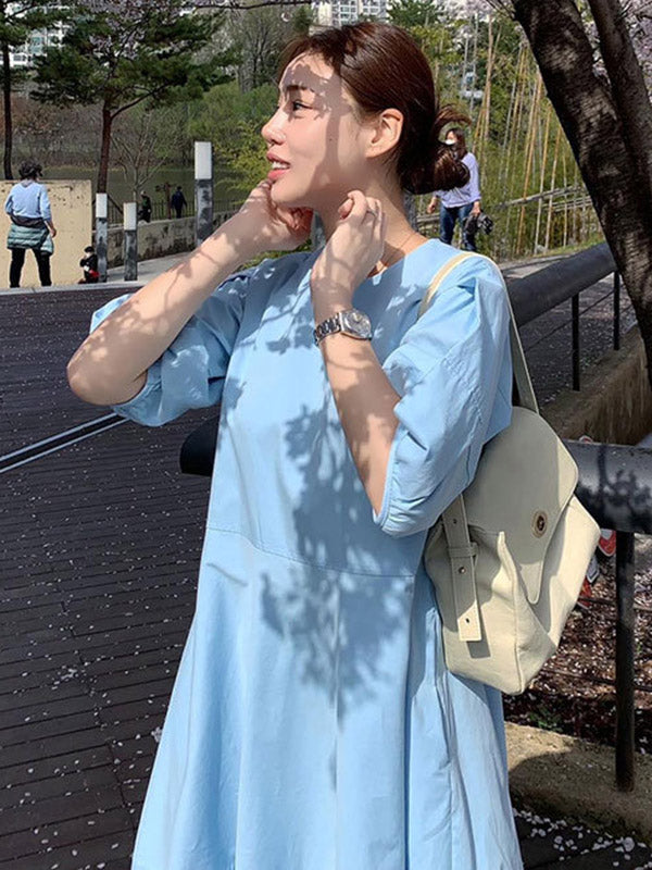 Round-neck Bishop Sleeve Loose Color Midi Dress