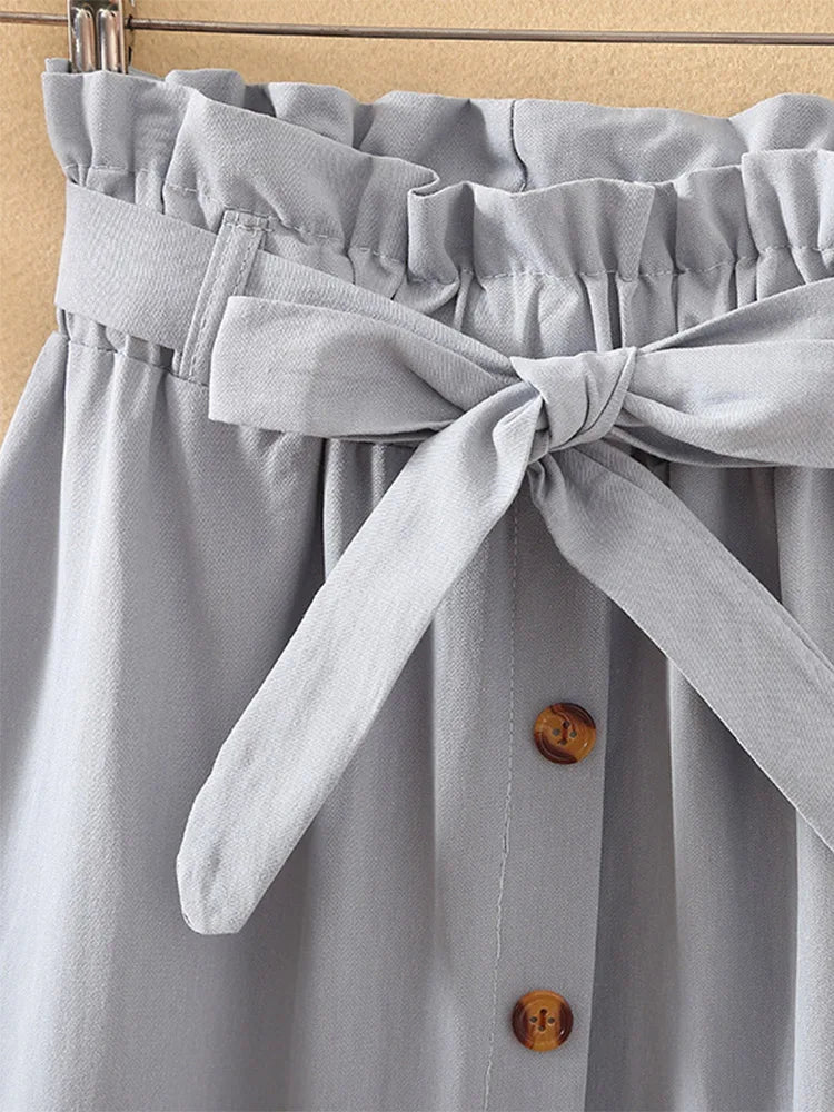 Summer Autumn Skirts Midi Knee Length Korean Button High Waist Skirt Female Pleated School Skirt