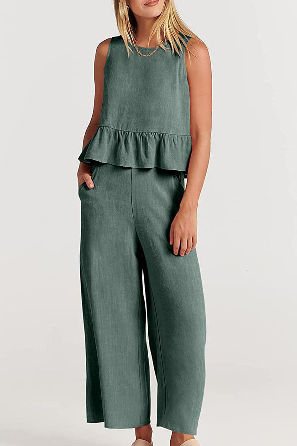 Sleeveless Pleated Vest Wide-leg Cropped Pants Suit