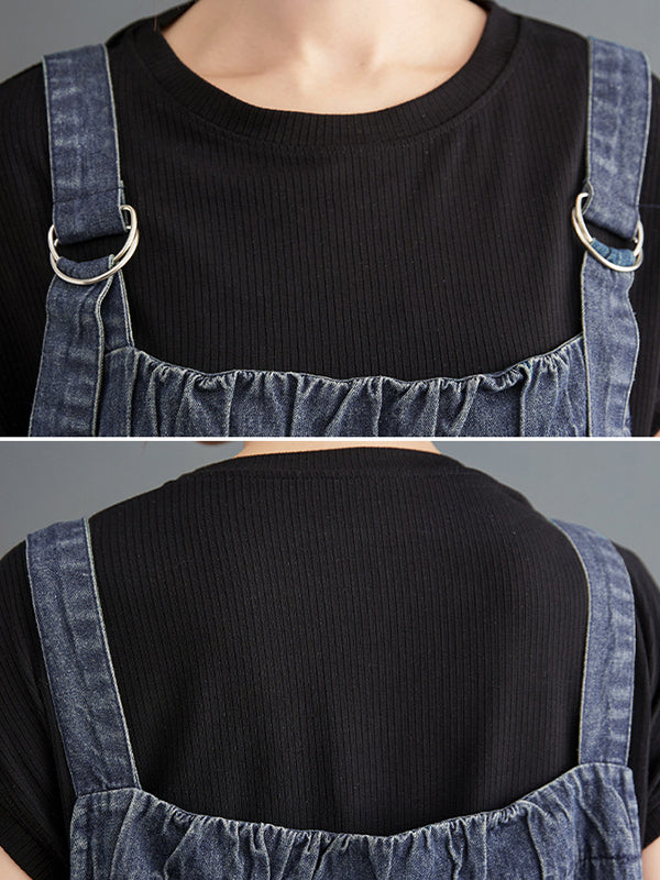 Loose Artistic Retro Color Strap Denim Midi Dress