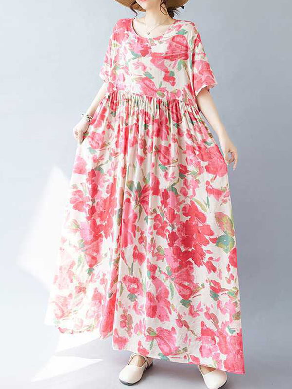 A-line Batwing Sleeves Flower Print Pleated Split-joint Round-neck Midi Dresses