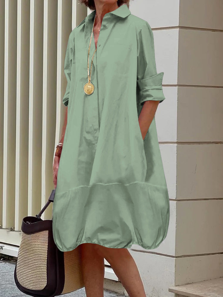 Long Sleeves Loose Color Lapel Collar Midi Dresses Shirt Dress