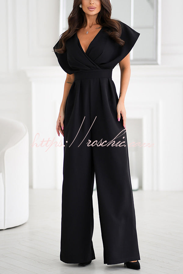 Color V-neck Waist Wide-leg Jumpsuit