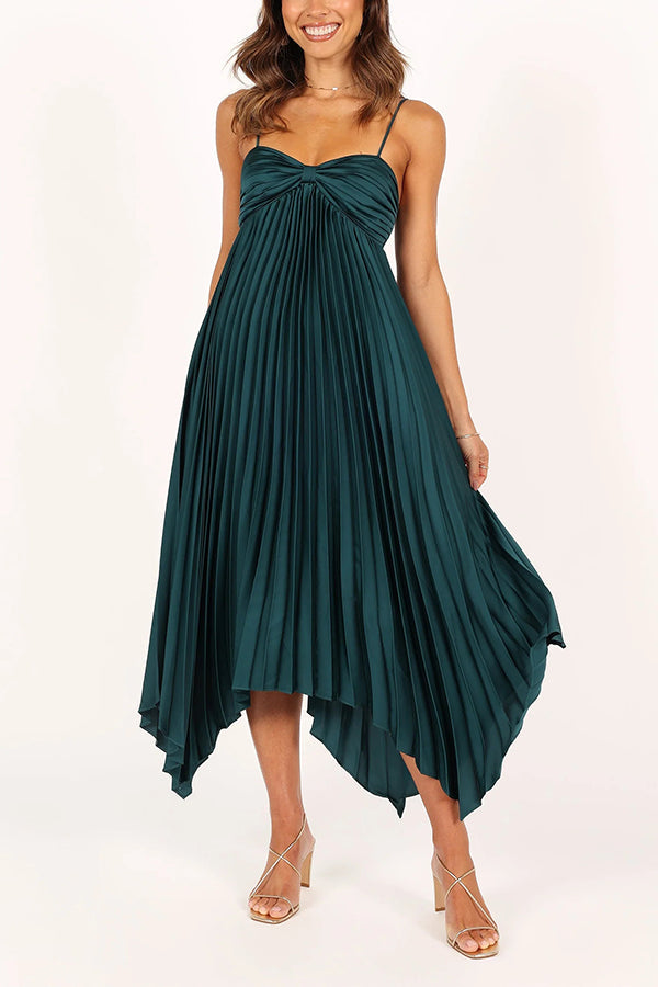 Color Suspender Pleated Irregular Midi Dress