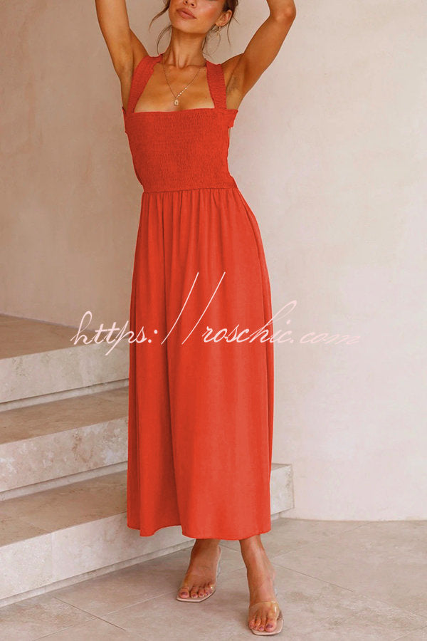 Bendita Pocketed Smocked Cross Back Midi Dress