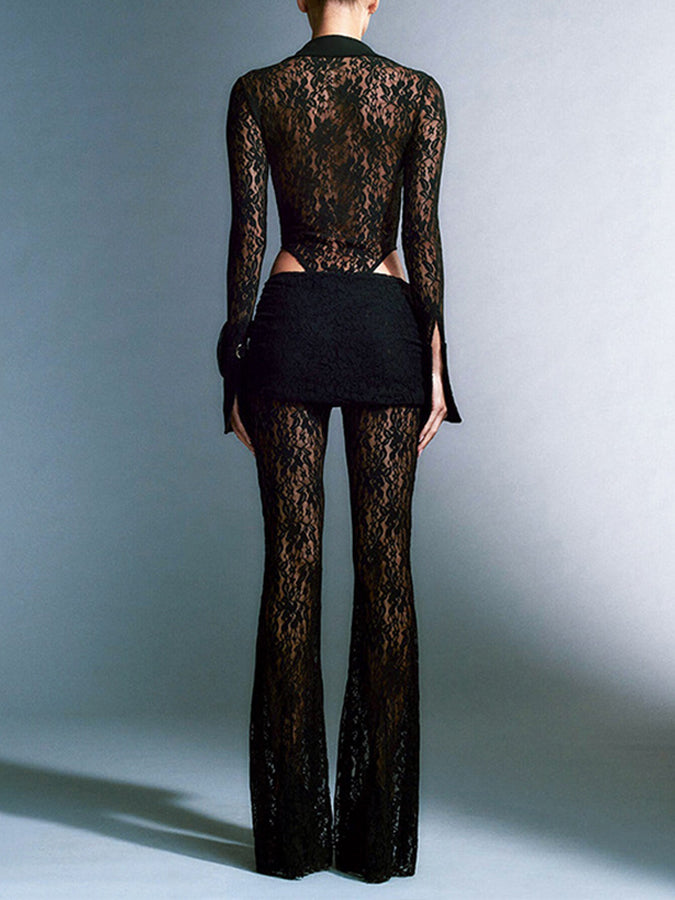 Lace Long-sleeved Jumpsuit and Straight-leg Pants Set