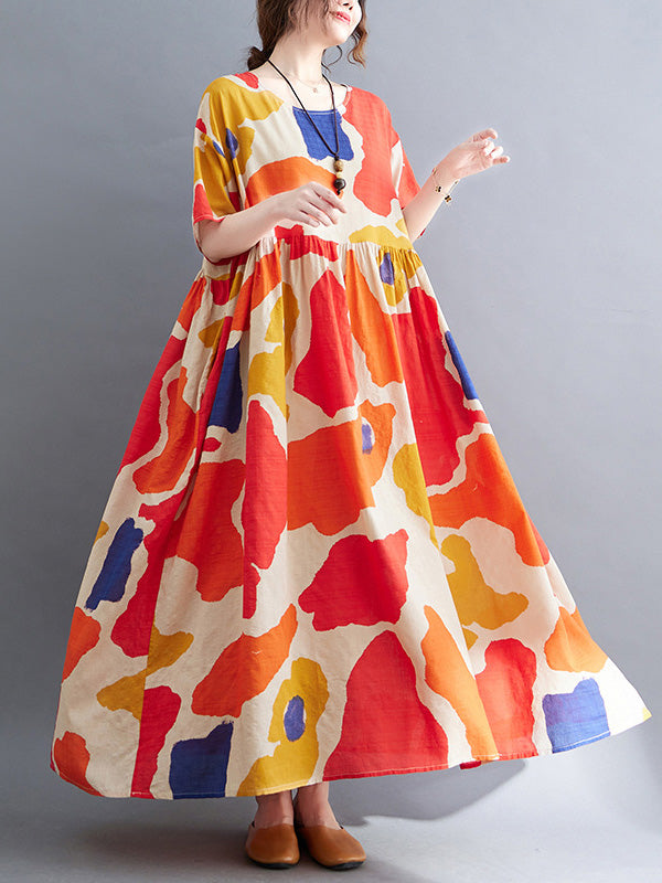 Artistic Retro Short Sleeves Loose Contrast Color Printed Round-neck Midi Dresses